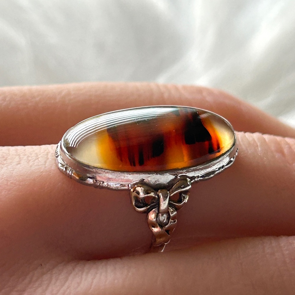 10K Gold Signed Clark & Coombs Vtg Sterling Silver Bow Accent Agate Ring Size 6